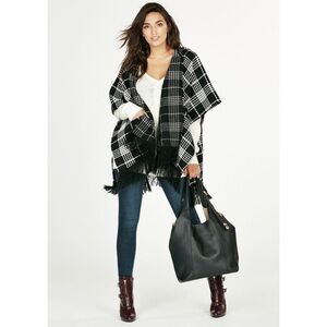 Justfab Black White plaid Fringe hooded cape with pockets size Medium